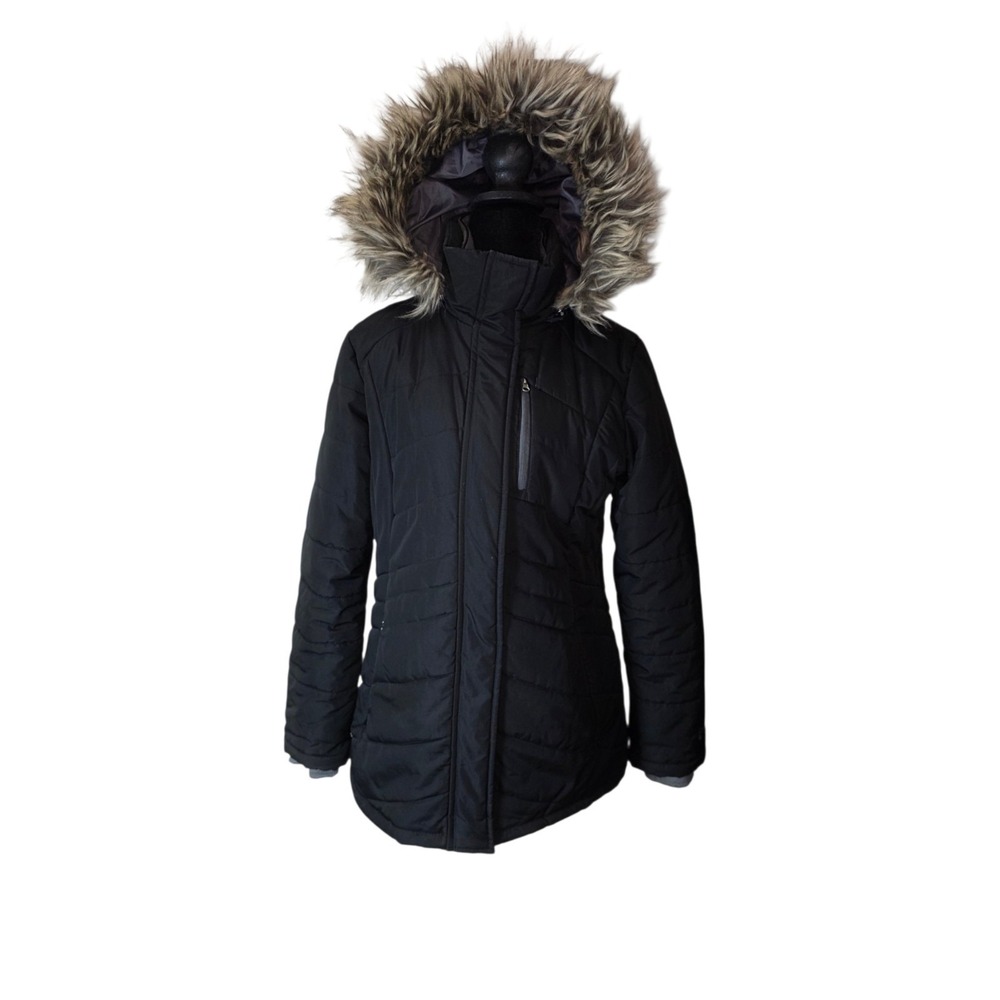 Free Country Womens Small Black Winter Parka Faux Fur Hood Insulated Coat